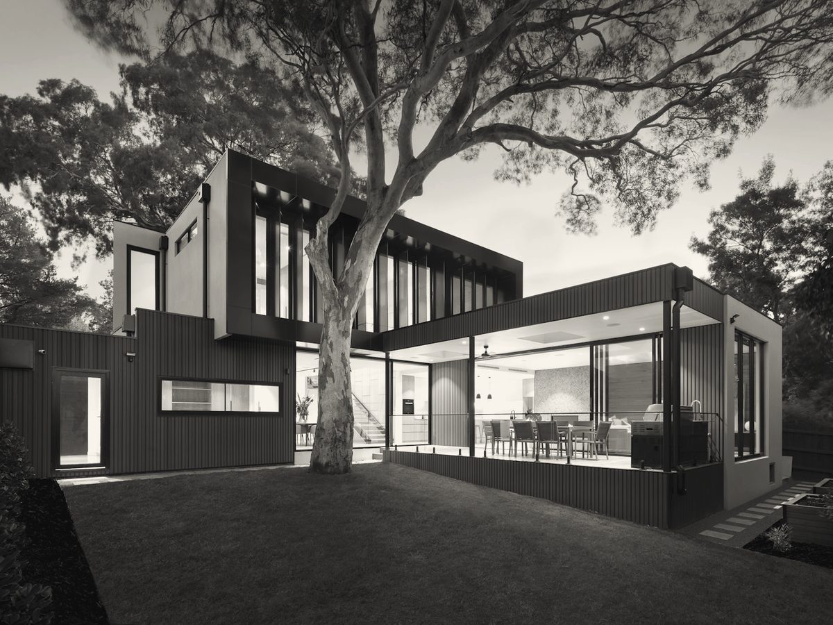 Custom home exterior at dusk